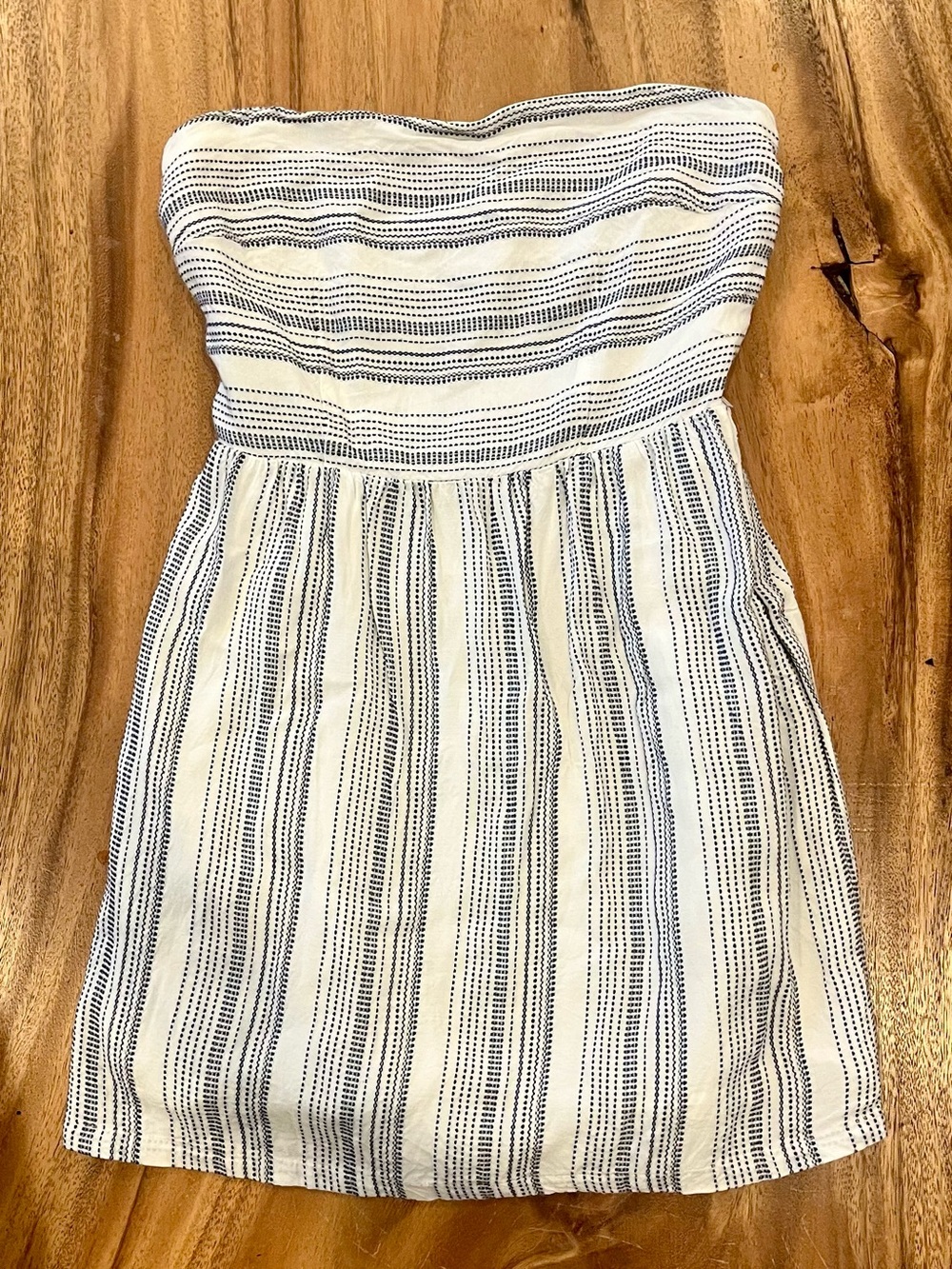 LOFT Navy and White Smocked Strapless Dress